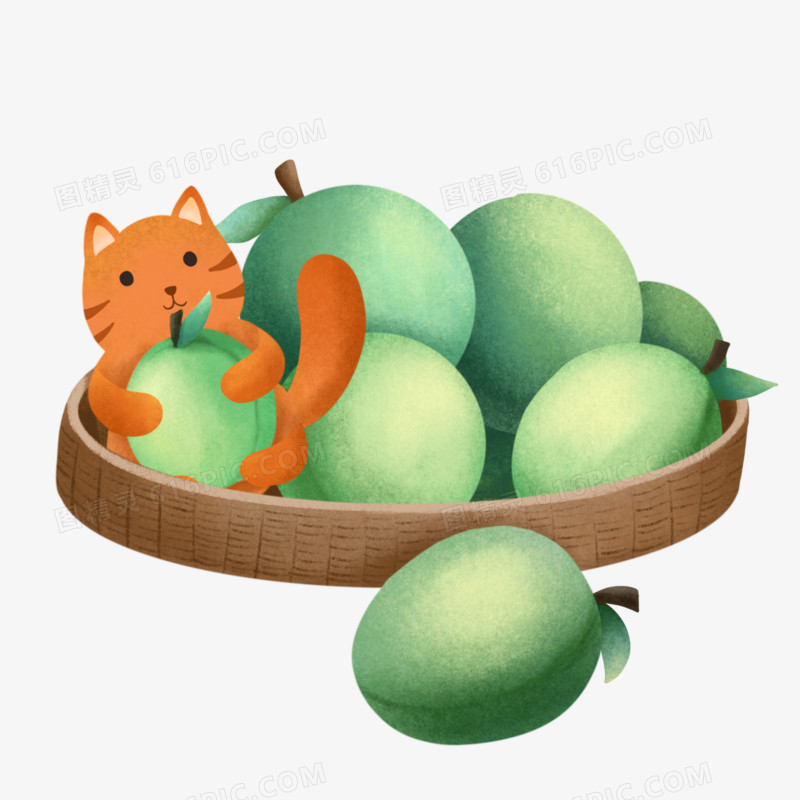 小猫咪吃青梅果子免抠元素