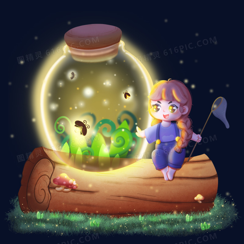 手绘插画风小女孩夜晚在森林里抓萤火虫元素