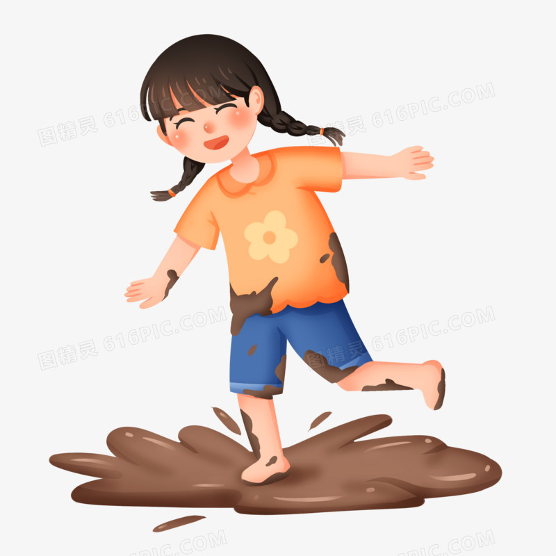 手绘插画小女孩跳进泥坑玩免抠素材