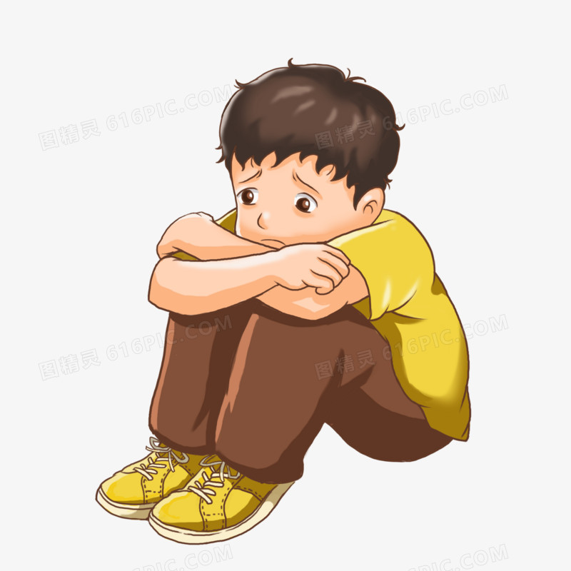 卡通孤独坐在地上的小男孩素材