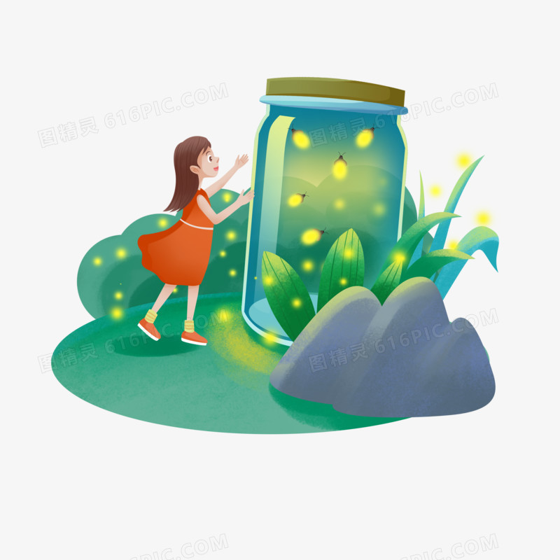 手绘插画女孩丛林中抓萤火虫微景观元素