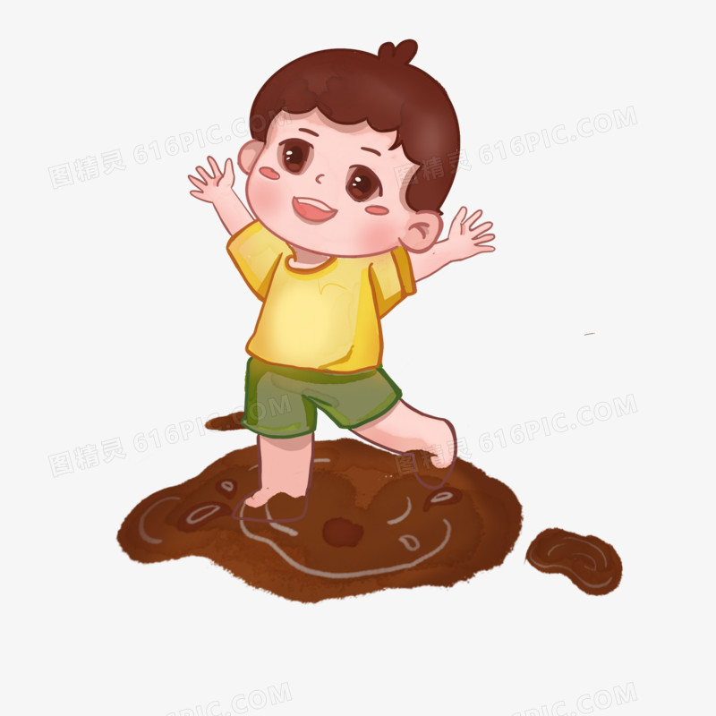 卡通小男孩在泥坑玩耍素材