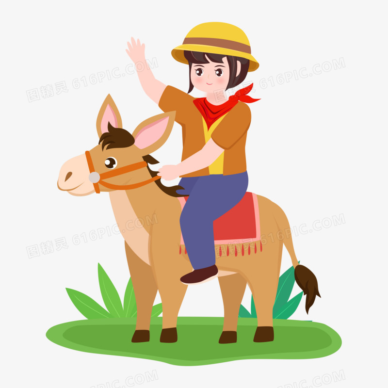 矢量卡通小女孩骑在驴驴背上场景元素