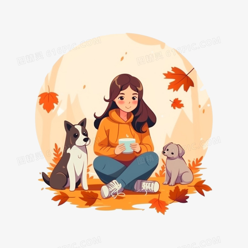 秋天卡通女孩和宠物们一起休息元素