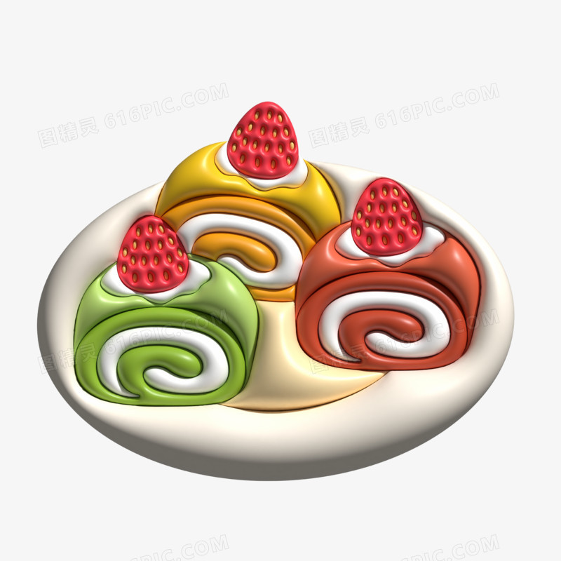 AI膨胀风3D立体瑞士卷蛋糕美食甜品元素