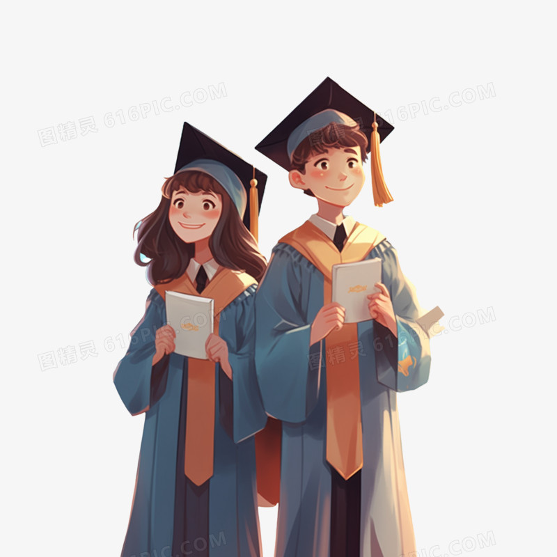 毕业季双人男女穿学士服元素