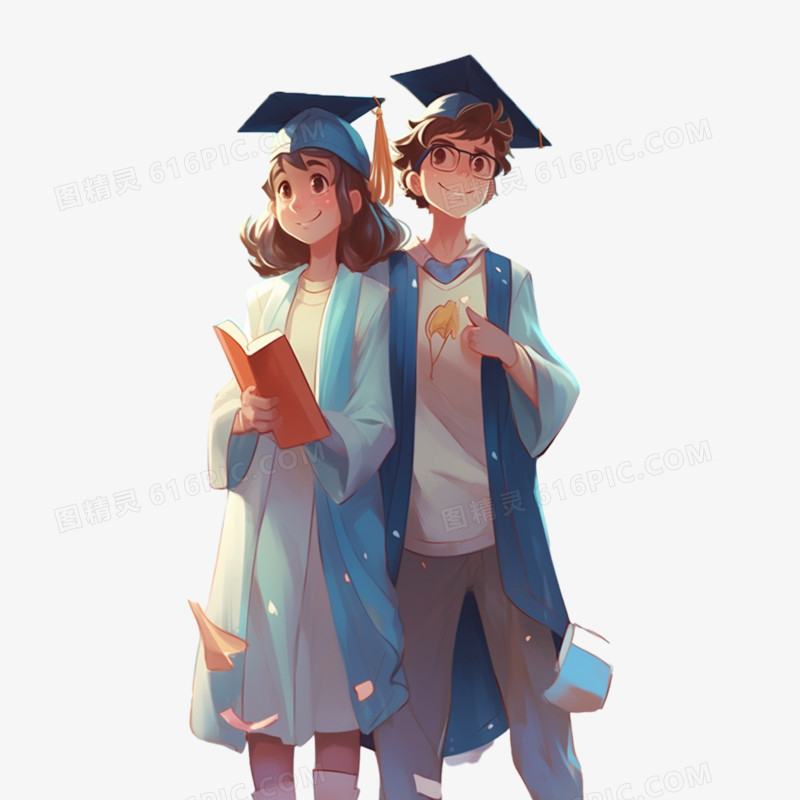 毕业季双人男女穿学士服元素