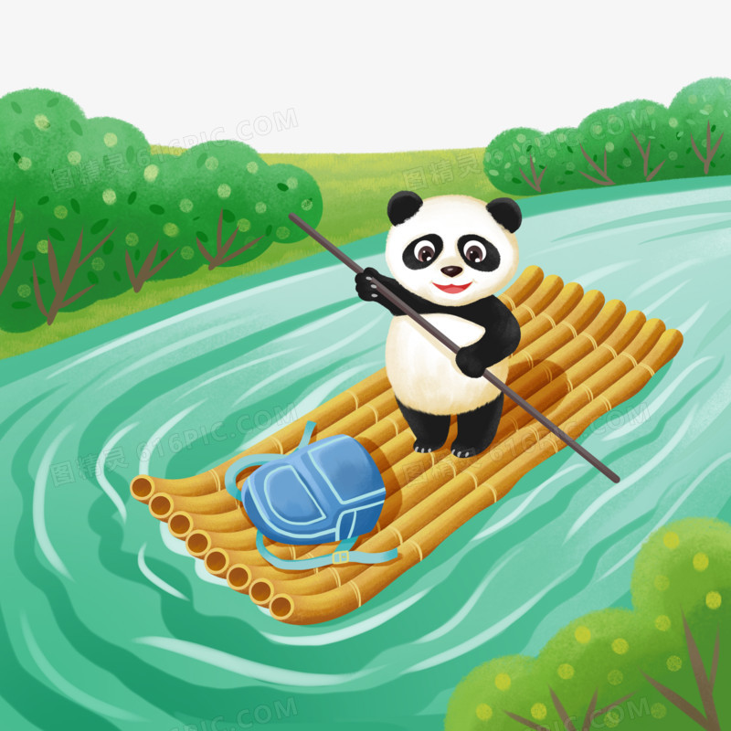 手绘插画风熊猫划竹筏元素