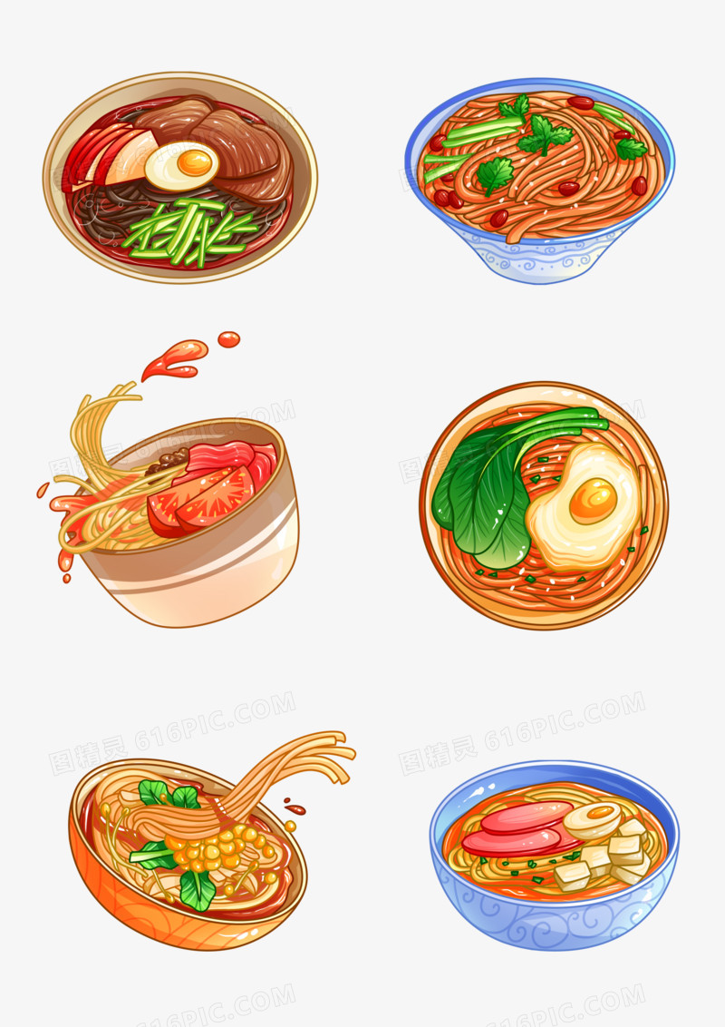 一组手绘不同种类面食合集素材
