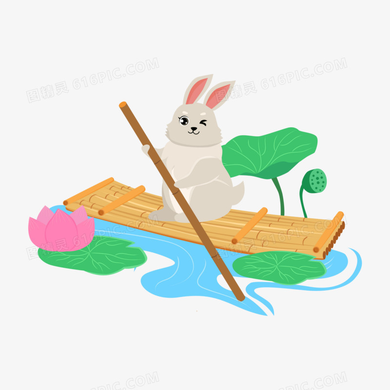 矢量小兔子泛舟划竹筏素材