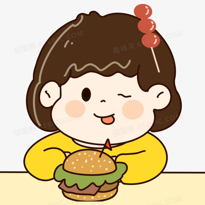 卡通小胖妹吃汉堡元素