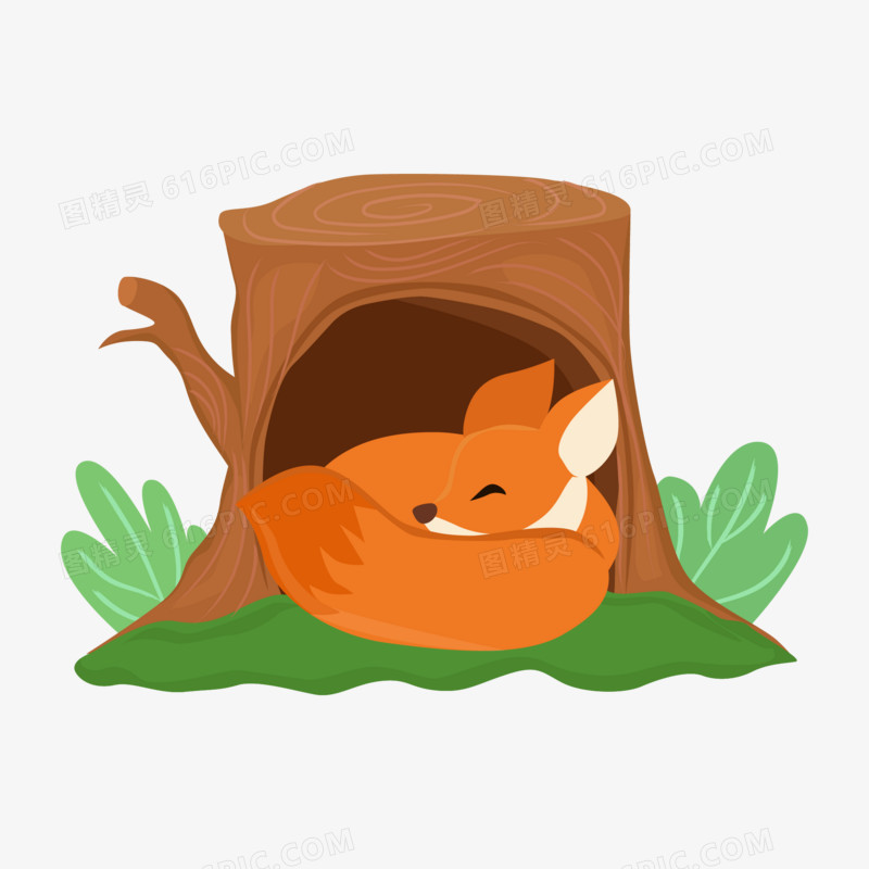 矢量卡通树洞里睡觉休息的小狐狸素材