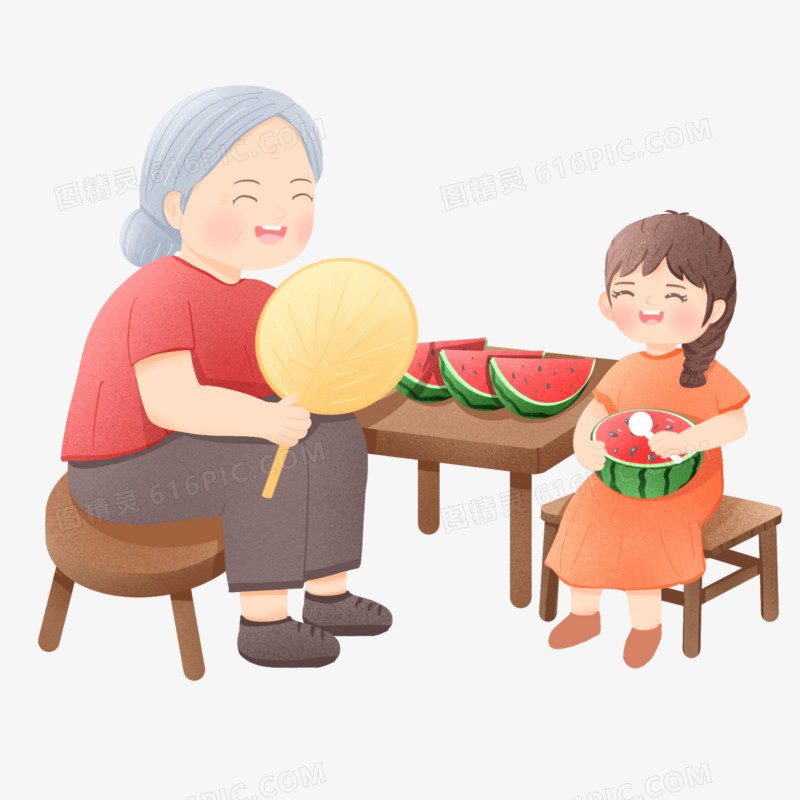 手绘夏天女孩边吃西瓜边听奶奶讲故事素材
