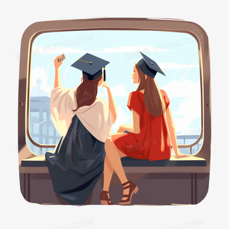两个女孩坐车毕业旅行拍照素材