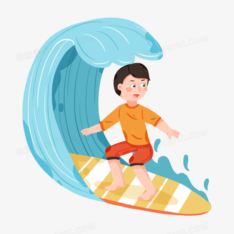 卡通手绘男生海上冲浪滑板插画元素