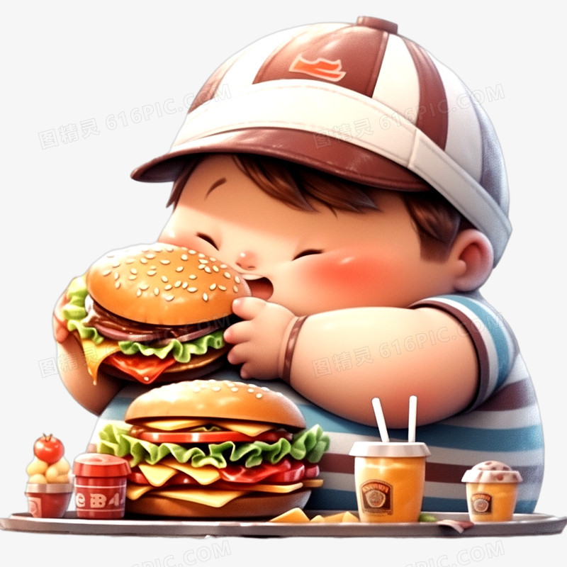 小胖子吃汉堡包免抠元素