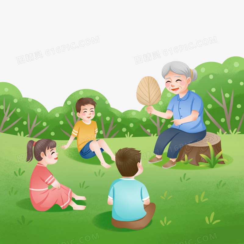 手绘奶奶给小朋友们讲故事插画元素