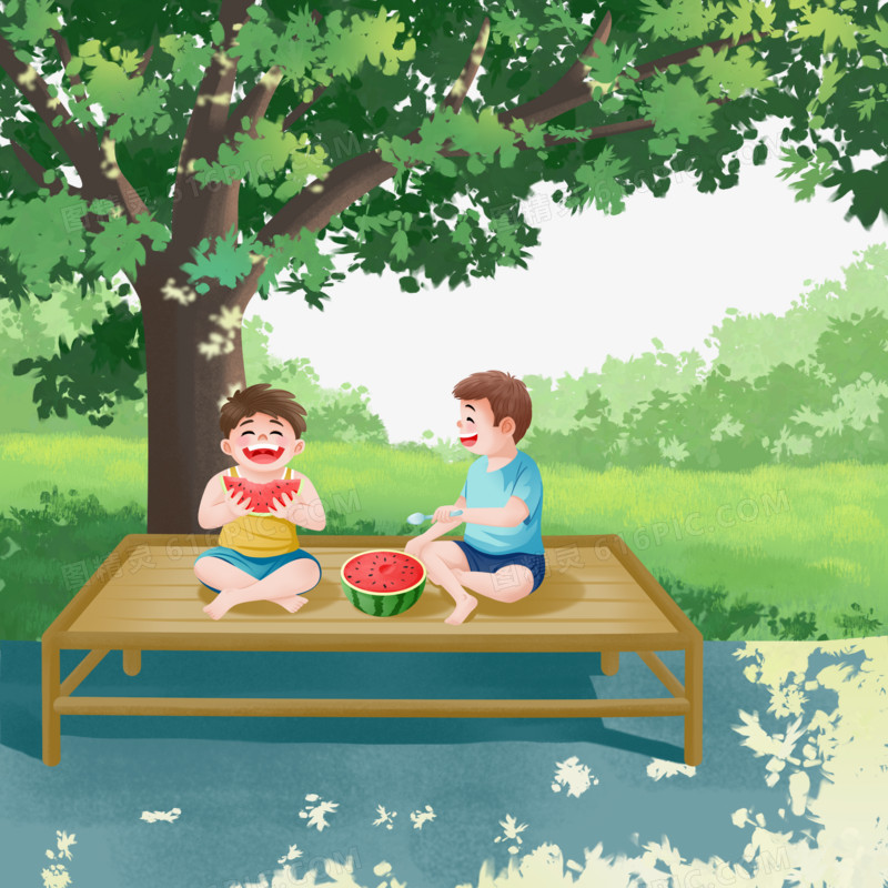 手绘插画儿童在树下乘凉吃西瓜场景元素