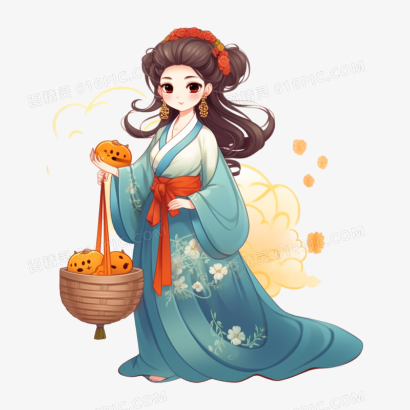 中秋节国风美女手拿糕点卡通手绘元素
