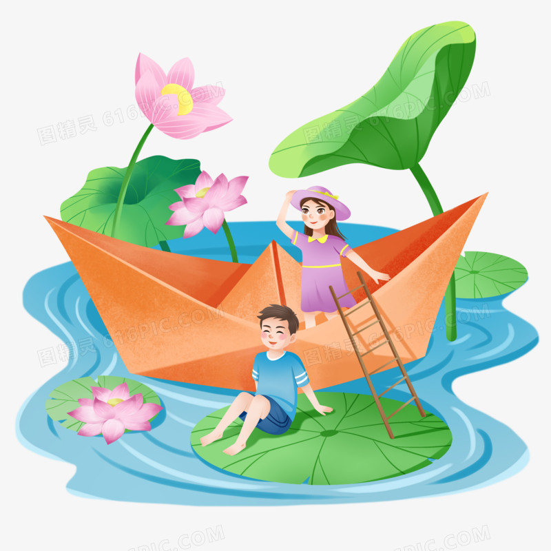 手绘夏季折纸船微景观插画元素