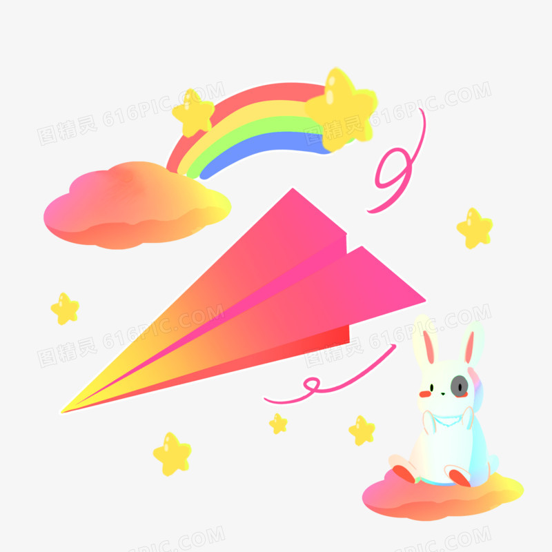 手绘创意彩色纸飞机兔子贴纸免抠元素