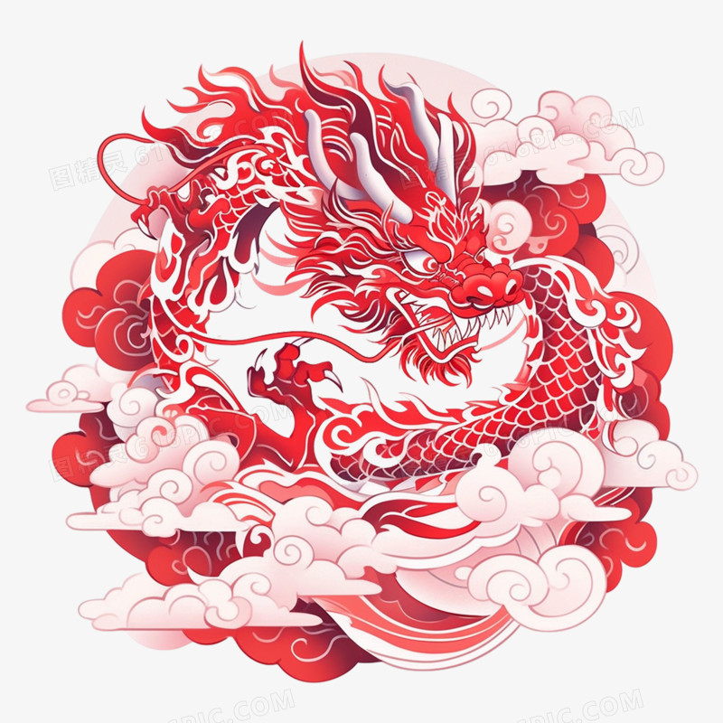 中国新年春节红色龙剪纸窗花祥云元素