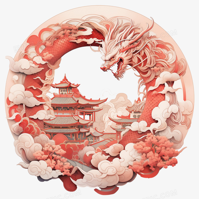 中国龙春节剪纸艺术新年红色窗花元素