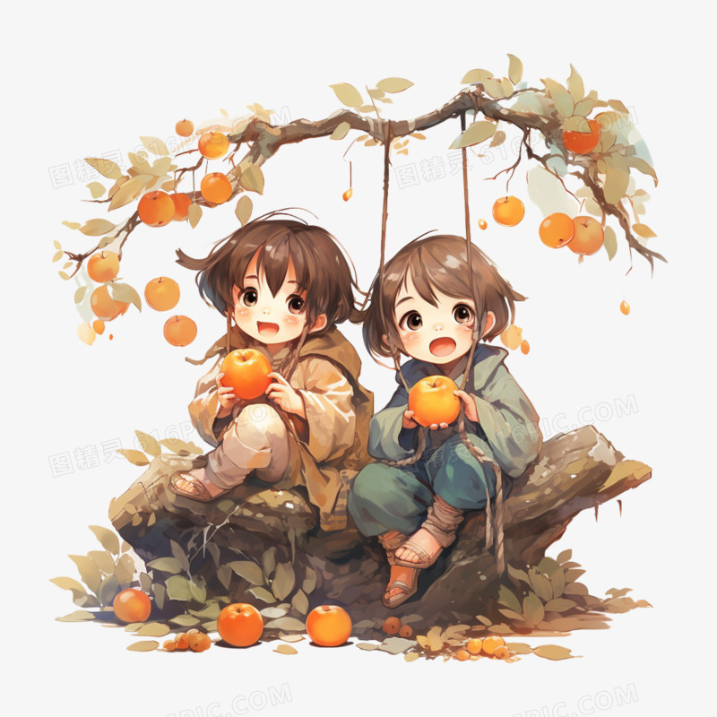 秋天两个小朋友吃苹果场景素材