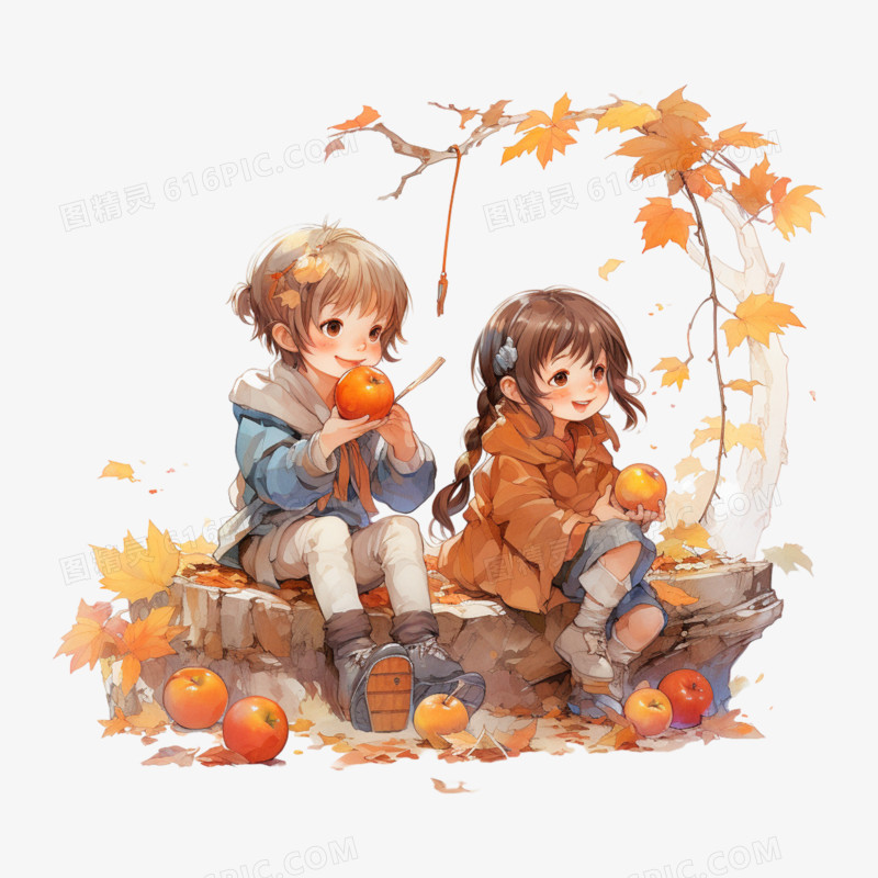 秋天两个孩子吃苹果场景元素