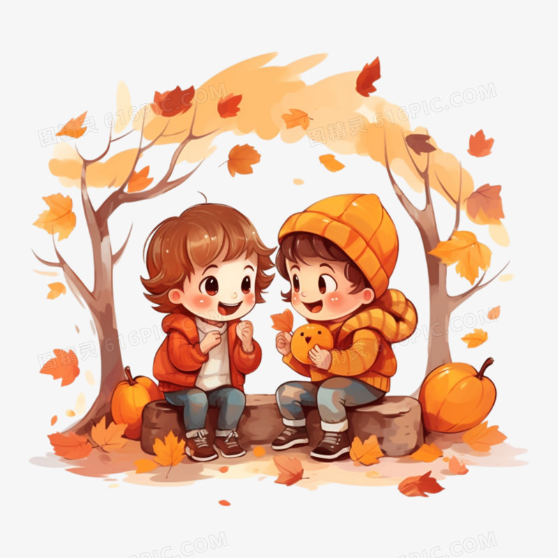 秋天两个儿童聊天场景素材