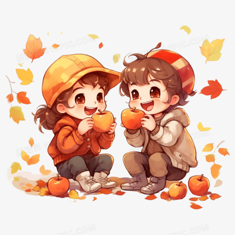 秋天两个人物吃苹果场景素材