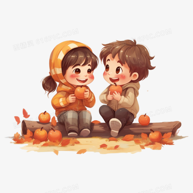 秋天两个孩子吃苹果场景素材