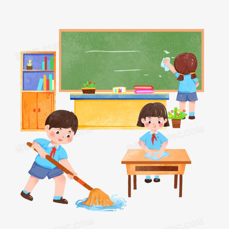 手绘学生打扫教室卫生场景素材