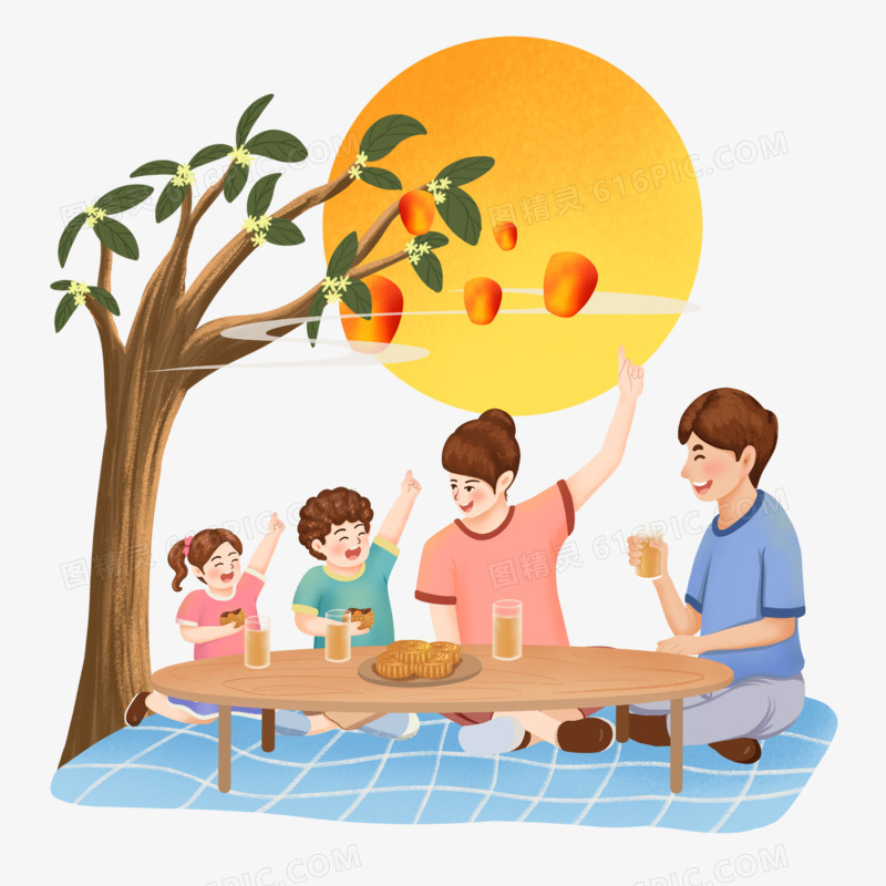 手绘一家人吃月饼赏月场景素材