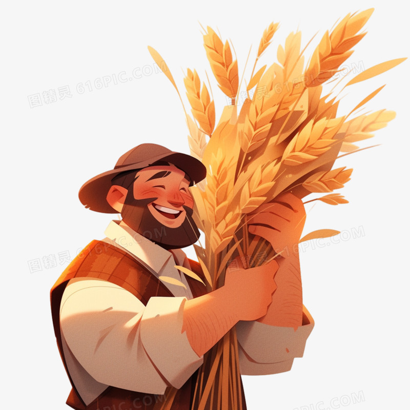 秋天丰收喜悦的农民抱着麦穗人物形象