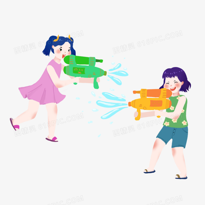 手绘两个可爱小女孩打水仗免抠元素