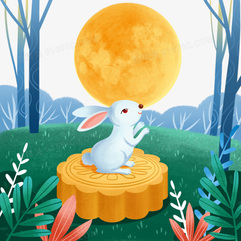手绘插画玉兔赏月元素