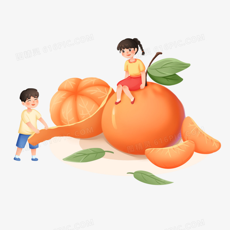手绘插画秋季水果吃柑橘微景观免抠素材