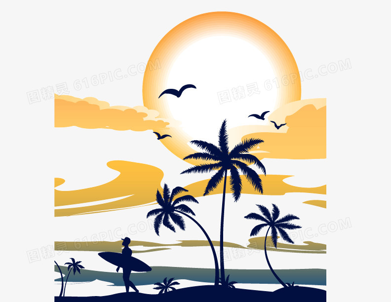 阳光椰子树剪影装饰图
