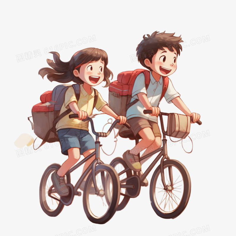 骑着自行车上学的小孩子免抠素材