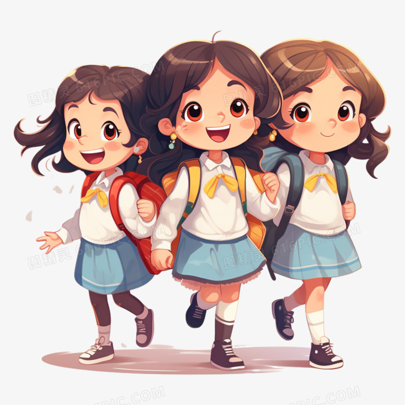 开学季3个女孩背着书包上学