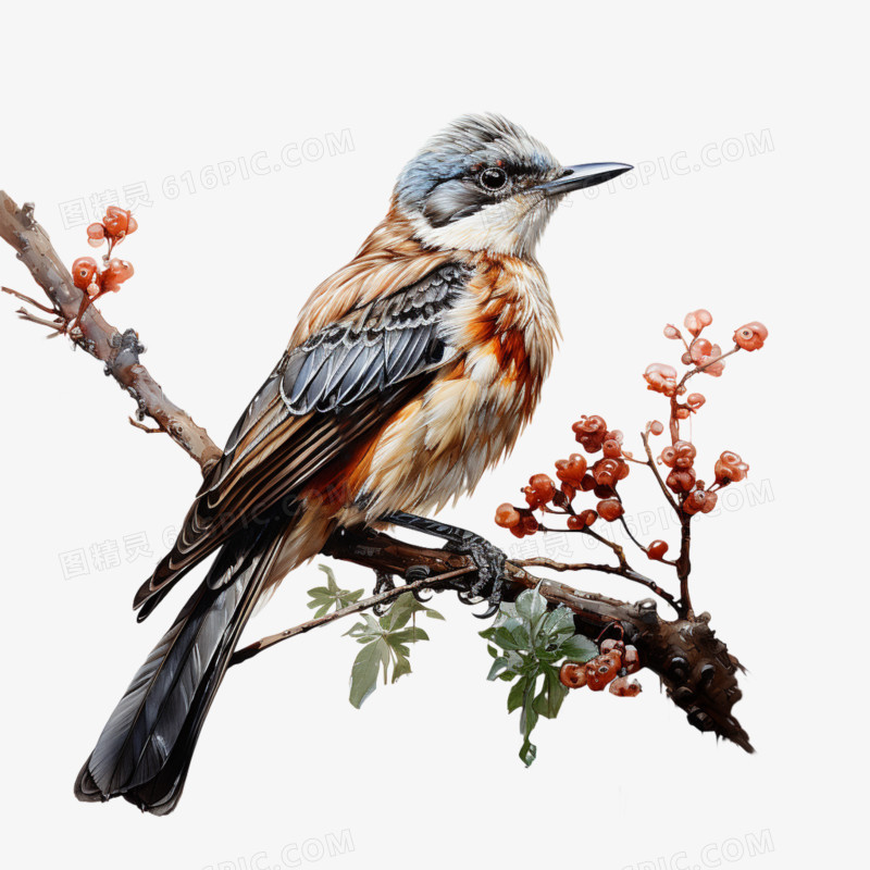 手绘水彩布谷鸟树枝上的小鸟元素