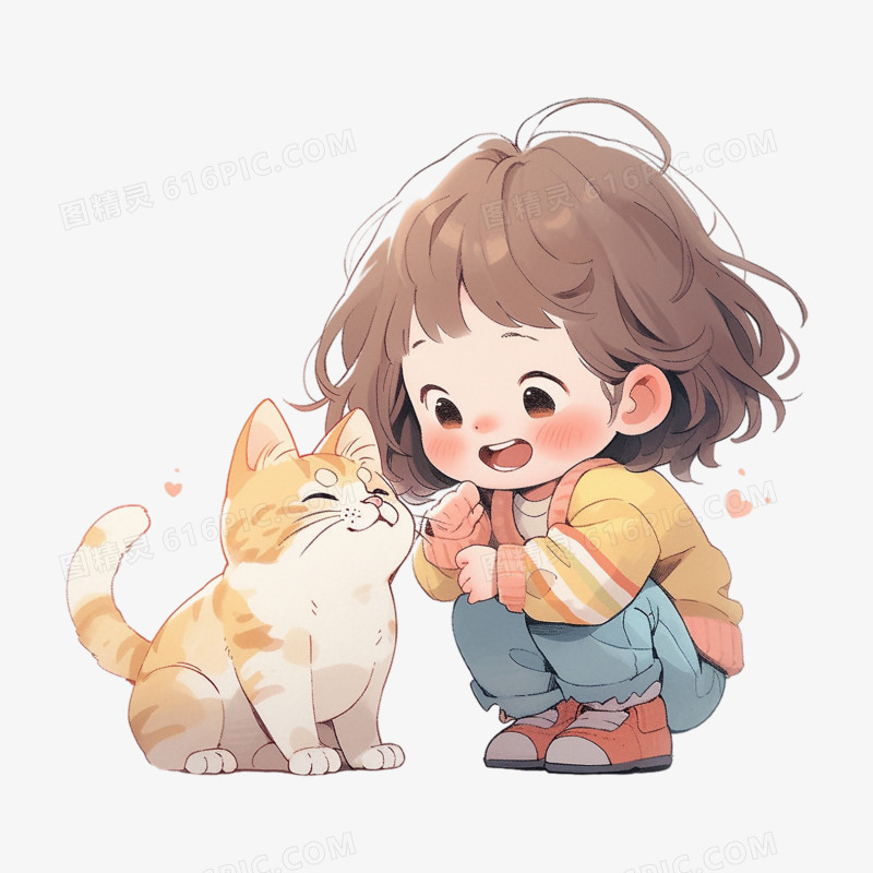 小女孩和小猫咪开心玩耍可爱插画