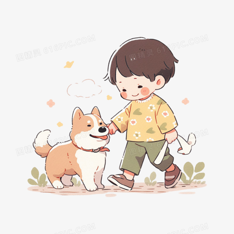 小男孩和狗开心玩耍可爱插画