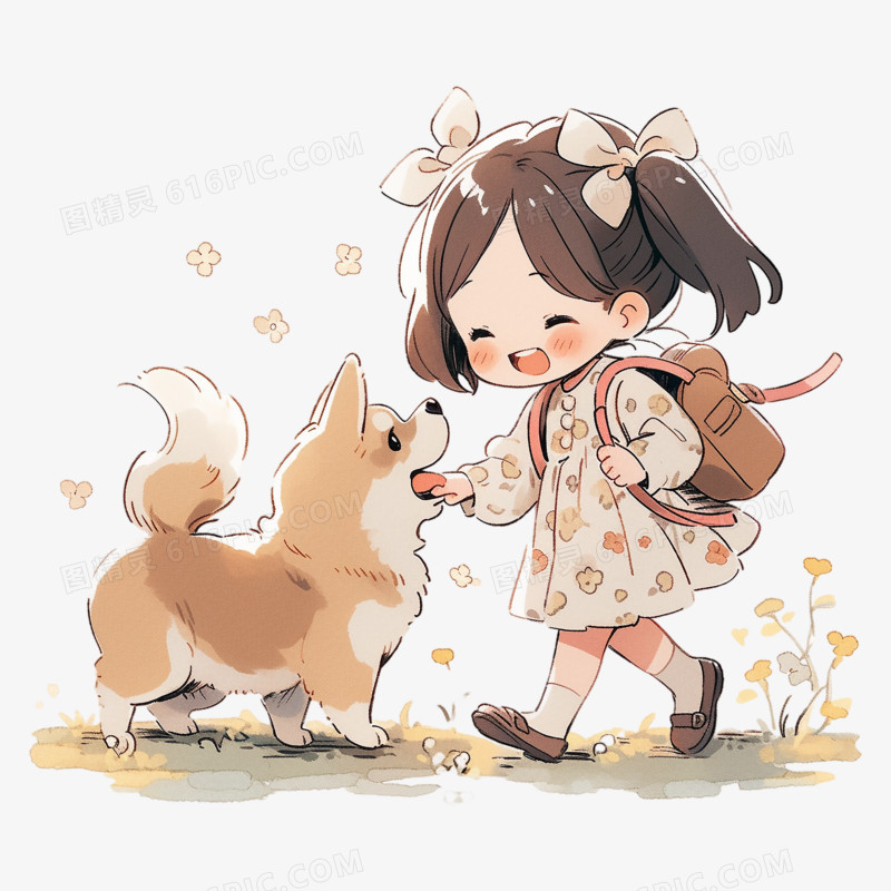 小女孩和狗开心玩耍可爱插画