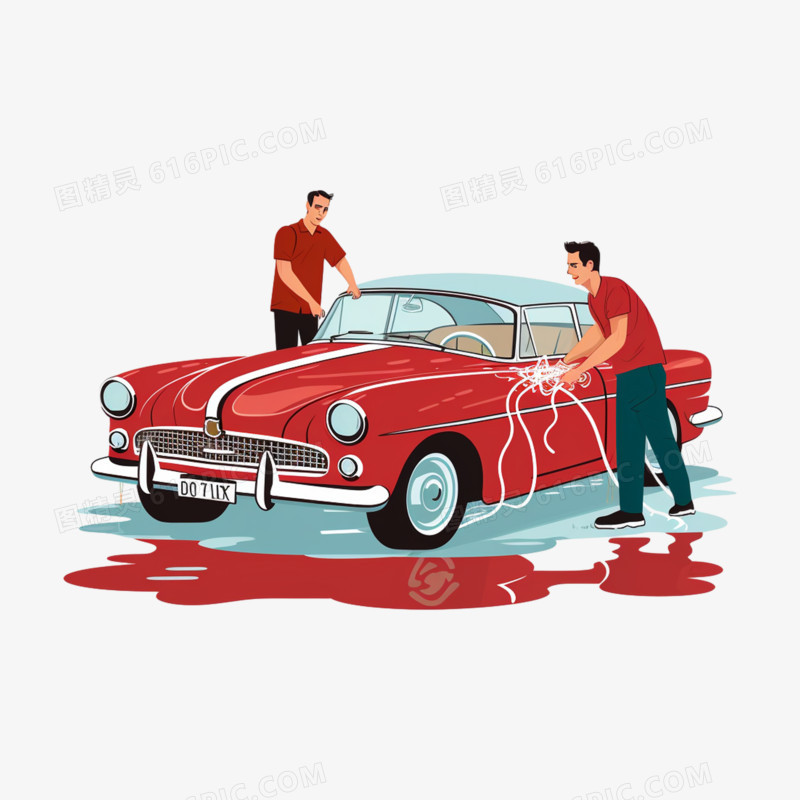 插画卡通人物洗红色的车
