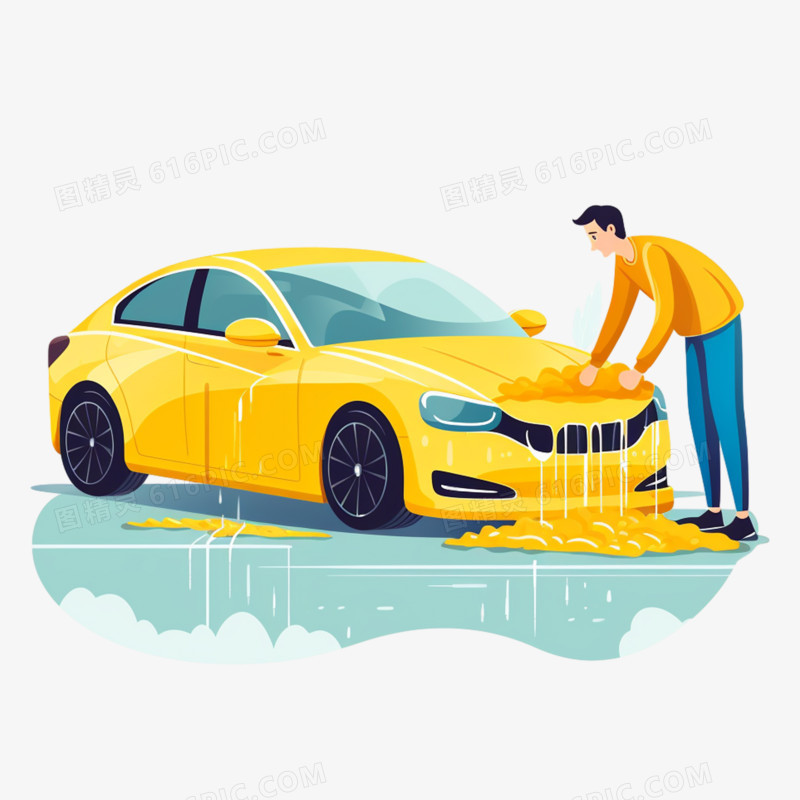 平面卡通人物洗黄色的车