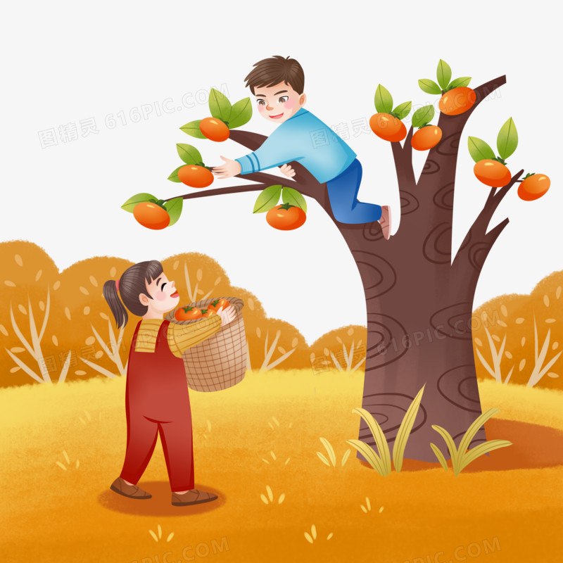 手绘插画小伙伴一起摘柿子场景元素