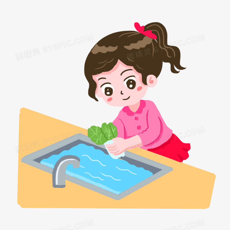 手绘卡通小孩洗菜免抠元素