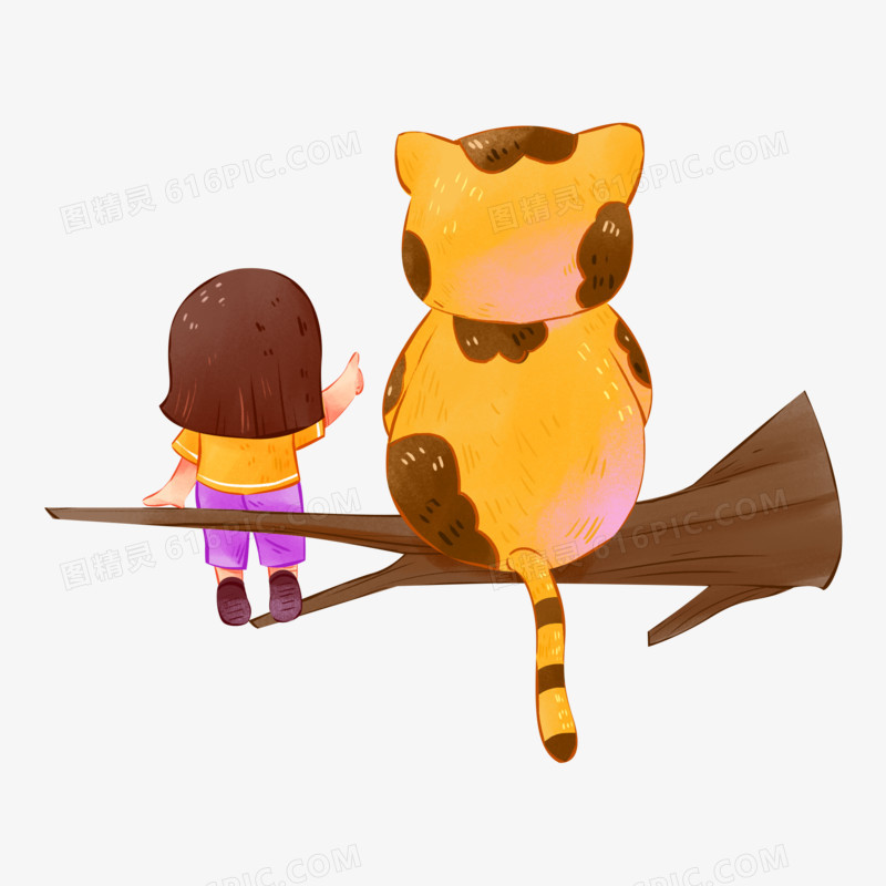 手绘宠物与孩子坐在树梢上背影元素